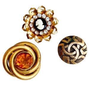 Vintage Brooch Lot of 3, Cameo Amber Glass Celtic Knot Mid Century - Early 1900s
